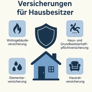 Infografik: Übersicht über die wichtigsten Versicherungen für Hausbesitzer – Wohngebäude-, Hausrat-, Elementar- und Haftpflichtversicherung.