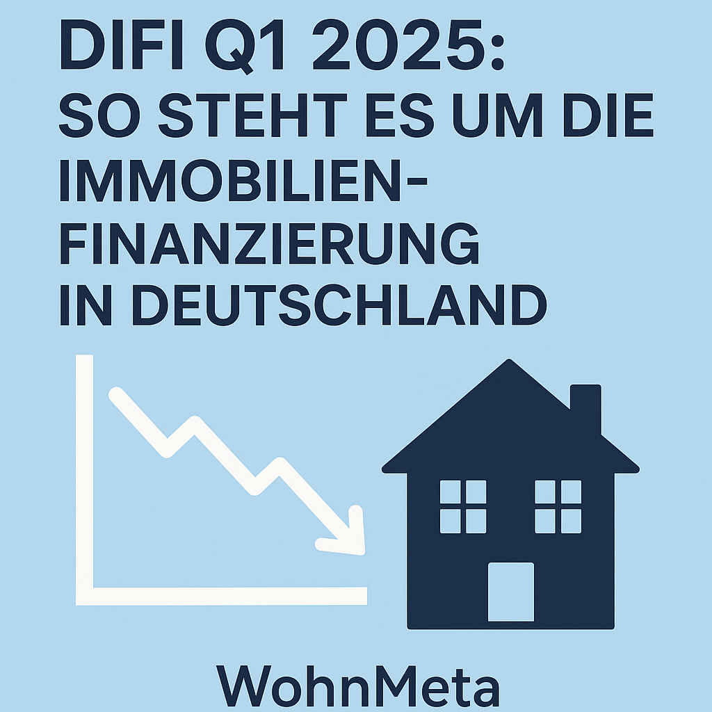 Infografik mit dem Titel ‚DIFI Q1 2025: So steht es um die Immobilienfinanzierung in Deutschland‘. Links ist ein fallender Liniendiagramm-Pfeil zu sehen, rechts ein Haussymbol. Unten steht ‚WohnMeta