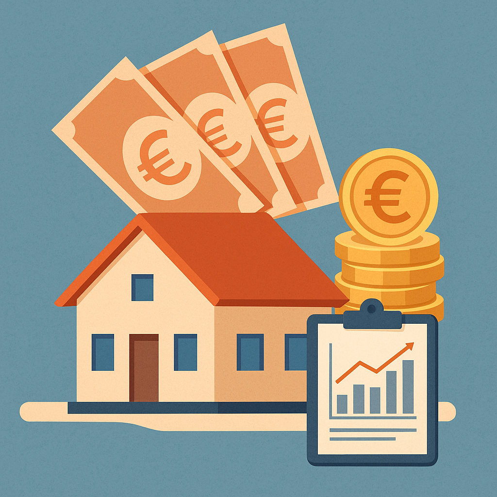 Illustration zur Immobilienfinanzierung: Ein Haus mit Euro-Geldscheinen, Münzstapel mit Euro-Symbol und Finanzdiagramm symbolisieren die Kosten und Planung beim Kauf einer Immobilie im Wert von 300.000 Euro.