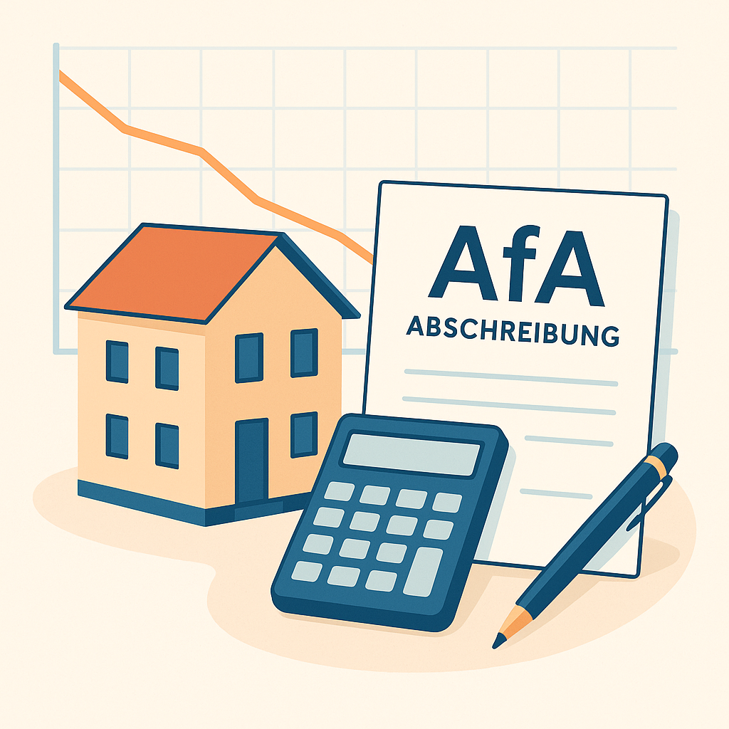 Illustration zur Abschreibung (AfA) bei Immobilien mit Hausmodell, Dokument, Taschenrechner und fallender Wertentwicklungskurve im Hintergrund.