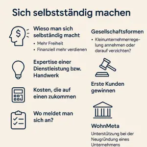 Infografik zum Thema „Sich selbstständig machen“ – zeigt die wichtigsten Schritte für Gründer wie Motivation, Expertise, Kosten, Anmeldung und Unterstützung durch WohnMeta.
