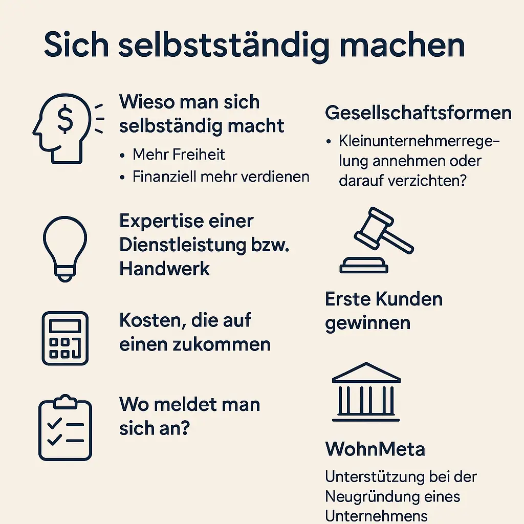 Infografik zum Thema „Sich selbstständig machen“ – zeigt die wichtigsten Schritte für Gründer wie Motivation, Expertise, Kosten, Anmeldung und Unterstützung durch WohnMeta.