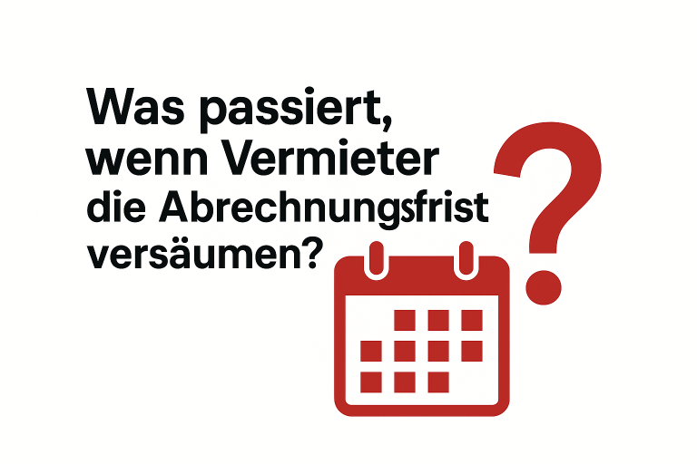 Titelgrafik: Was passiert, wenn Vermieter die Abrechnungsfrist versäumen? Weißer Hintergrund, roter Kalender und rotes Fragezeichen.
