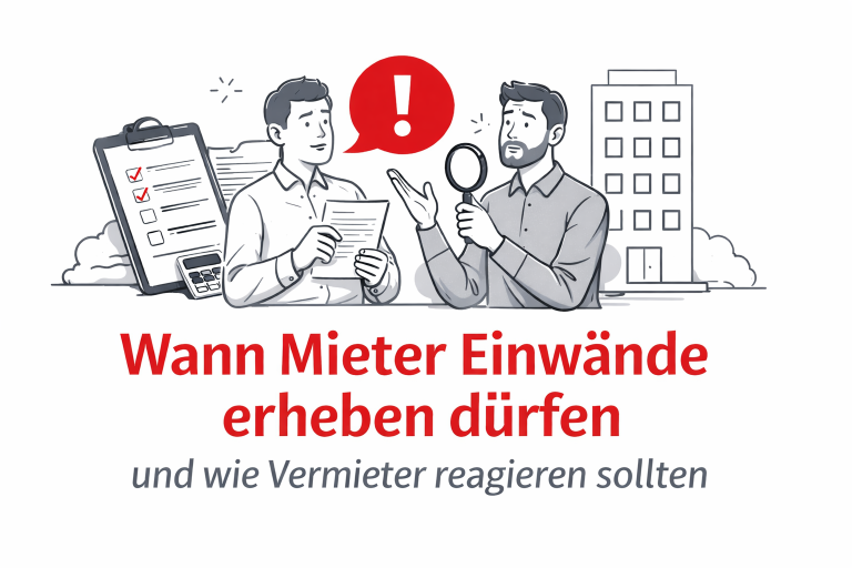 Illustration zu Mieter­einwänden: Vermieter und Mieter prüfen Abrechnungsunterlagen mit Checkliste, Belegeinsicht und Mehrfamilienhaus im Hintergrund