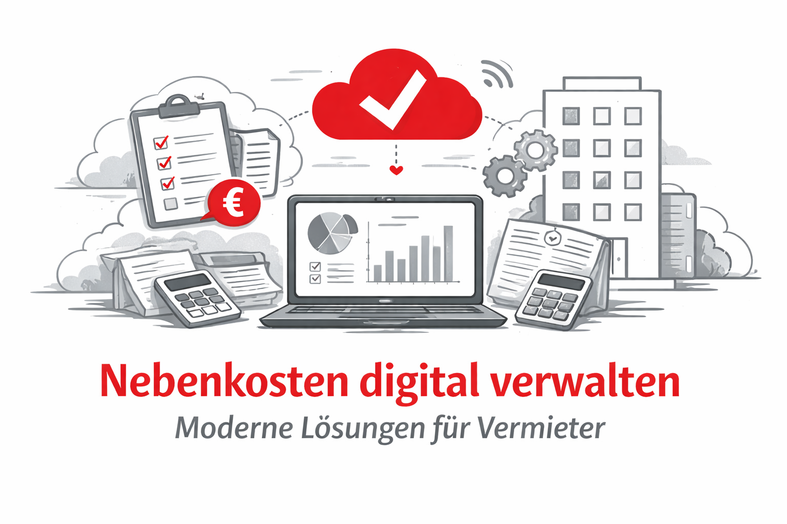 Digitale Verwaltung der Nebenkosten: Illustration mit Cloud-Symbol, Belegen, Laptop, Diagrammen und Wohngebäude zur Darstellung moderner Nebenkostenabrechnung für Vermieter.